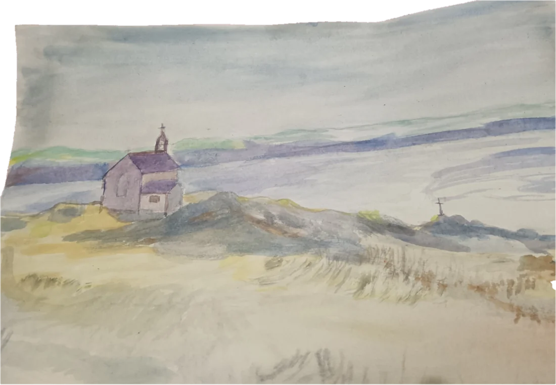 Aquarelle de Patchita : une chapelle sur la dune, face à la mer